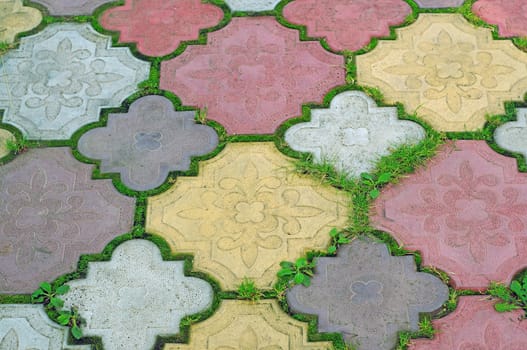 Path of colored tiles from the growing grass in the gaps as background     