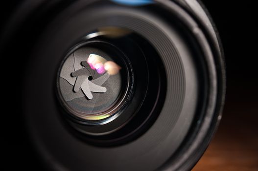 Close-up on the aperture in camera lens