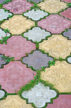 Path of colored tiles from the growing grass in the gaps as background