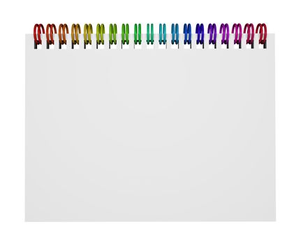 Top view of a notebook or ring binder with rainbow colorful rings and clipping path isolated on white background.