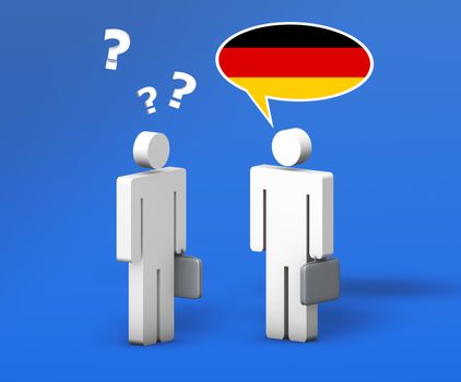 Business German concept with a funny conversation between two 3d people on blue background. The man with the flag of Germany on the speech cloud speaks a correct language, the other one no.