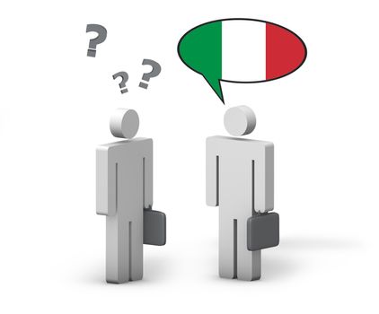 Business Italian concept with a funny conversation between two 3d people on white background. The man with the Italy flag on the speech cloud speaks a correct language, the other one no.