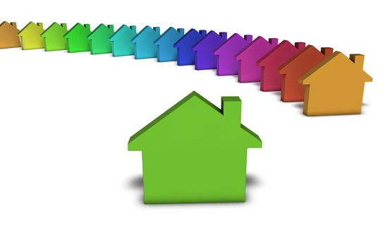 Green house services and real estate concept with a row of colorful home icons on white background.