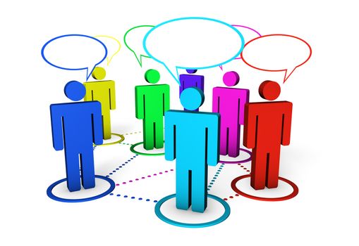 Internet community, blog, on line forum and social networking concept with connection of colorful 3d people by dotted lines on white background.