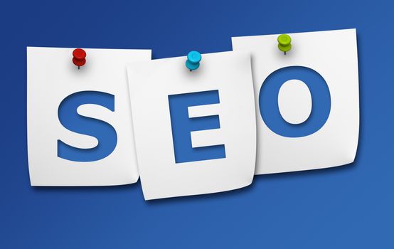 Website optimization and Internet search engine concept with SEO word on three paper post it on blue background.