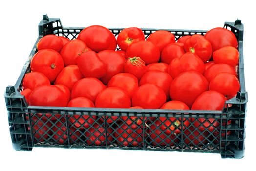 Ripe red tomatoes in a black plastic box isolated