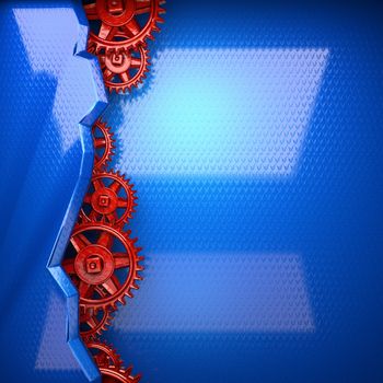 blue metal background with red cogwheel gears