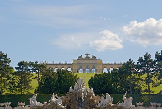 Photo shows general view of garden of Schonbrunn Palace.