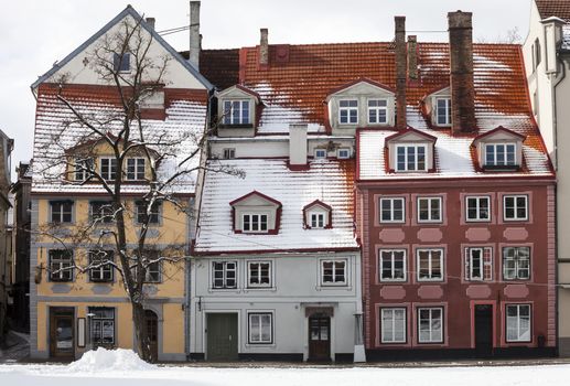 Three historical houses in Riga Old Town, Latvia