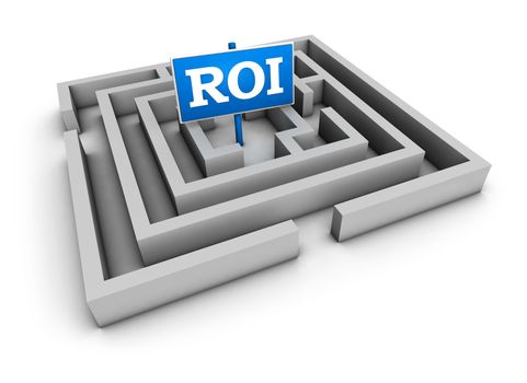 Return on investment business concept with labyrinth and blue roi sign on white background.