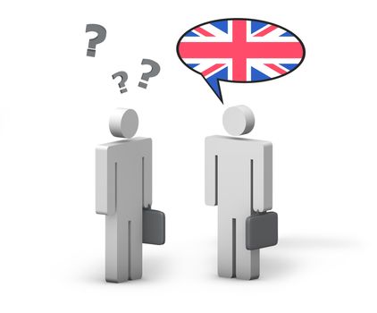 Business English concept with a funny conversation between two 3d people on white background. The man with the UK flag on the speech cloud speaks a correct language, the other one no.