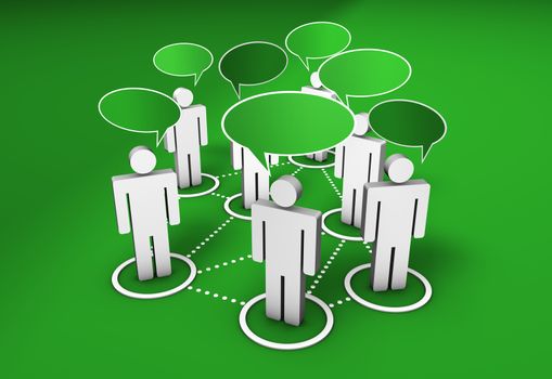 Green social network, forum, Internet community and online group concept with connection of 3d people by dotted lines with speech clouds on green background.