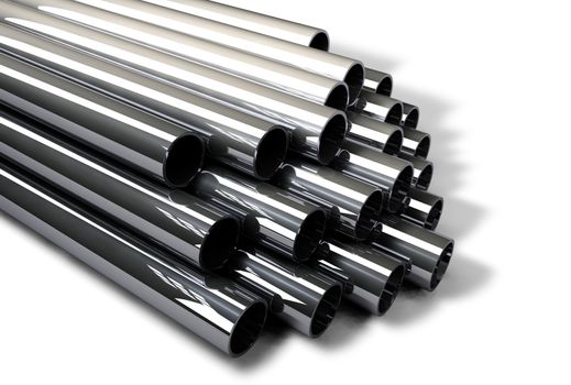 Construction business and industrial concept with a group of steel chrome metal tubes on white background.