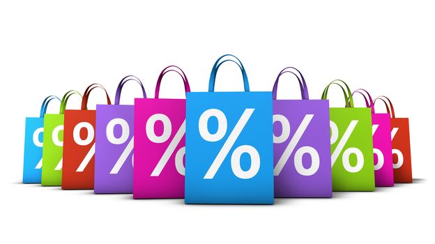 Discount, sale and shops offers concept with a lot of colorful shopping bags with frontal percent symbol isolated on white background.