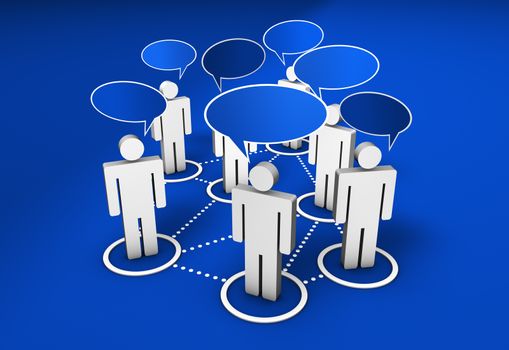 Social network, forum, Internet community and online group concept with connection of 3d people by dotted lines with speech clouds on blue background.