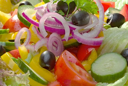 Photo shows details of various vegetable salad ingredients.