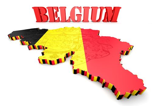 3D map illustration of Belgium with flag and coat of arms