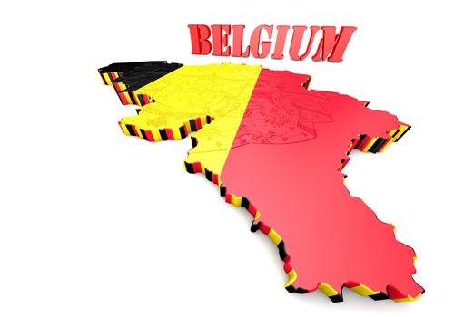 3D map illustration of Belgium with flag and coat of arms