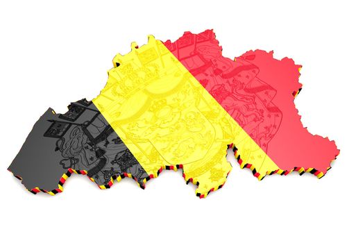 3D map illustration of Belgium with flag and coat of arms