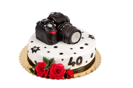 birthday cake for forty anniversary with modern DSLR photo camera isolated on white