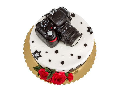 birthday cake for forty anniversary with modern DSLR photo camera isolated on white
