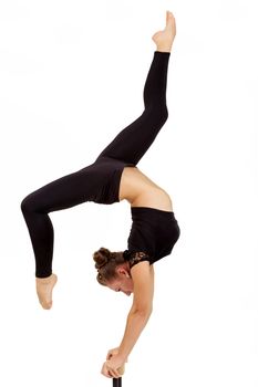 beauty contortionist practicing gymnastic yoga isolated on white background, Young professional gymnast woman