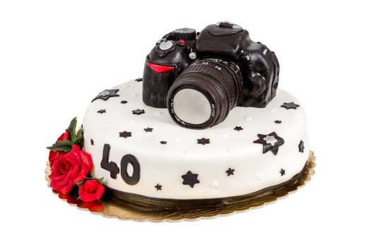 birthday cake for forty anniversary with modern DSLR photo camera isolated on white