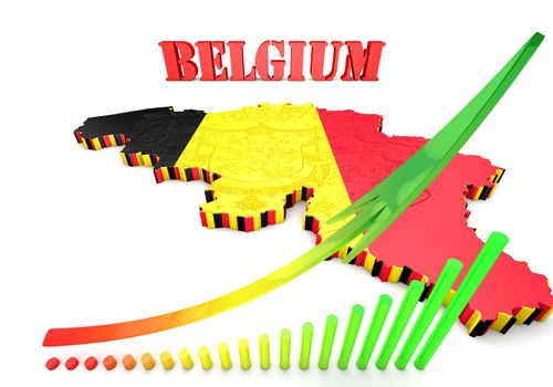 3D map illustration of Belgium with flag and coat of arms