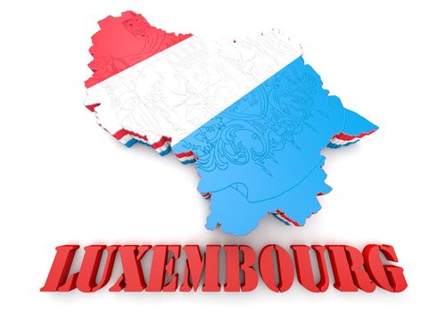 3D Map illustration of Luxembourg with flag and coat of arms