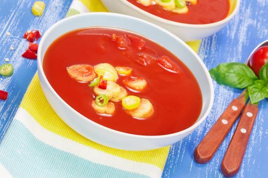 Fresh organic tomato soup in bowl. Macro, selective focus