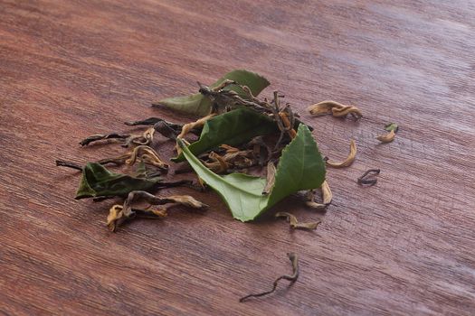 Brown dry and fresh green leaves of tea on the wooden board