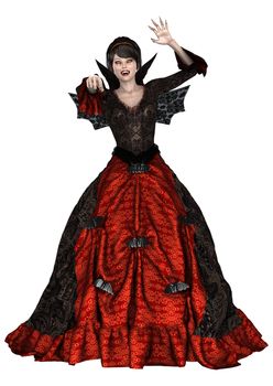 3D digital render of a beautiful fantasy lady vamp in a red and black dress with wings isolated on white background