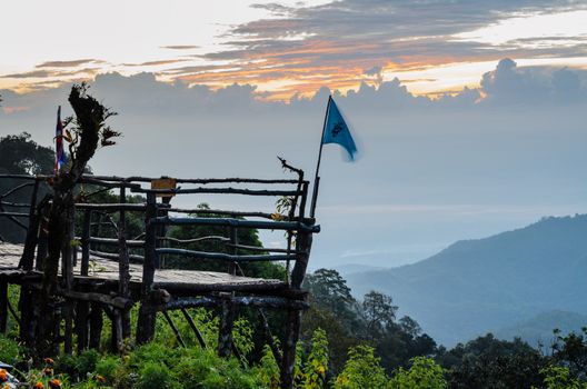 Podium for natural view on viewpoint Doi Ang Khang mountains at sunrise in Chiang Mai province of Thailand