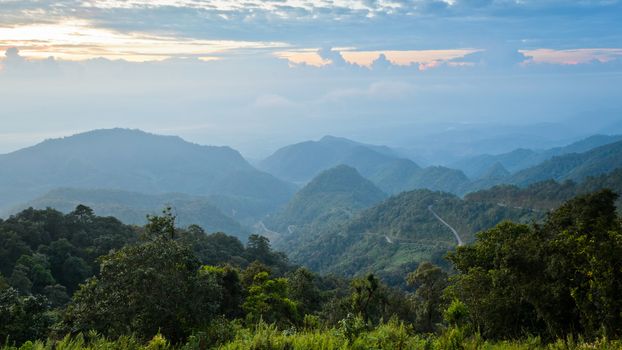 Landscape sierra from Doi Ang Khang mountains at sunrise in Chiang Mai province of Thailand