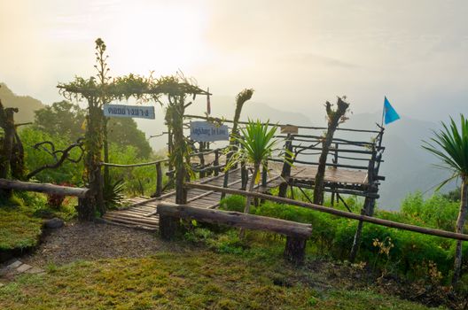 Podium for natural view on viewpoint Doi Ang Khang mountains at morning in Chiang Mai province of Thailand