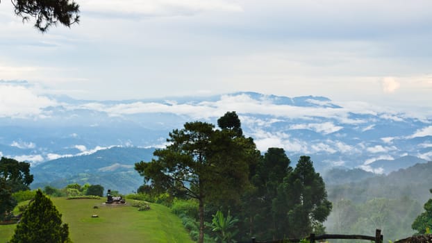 Peak for stunning views of mountains clouds and fog at Huai Nam Dang national park in Chiang Mai province of Thailand