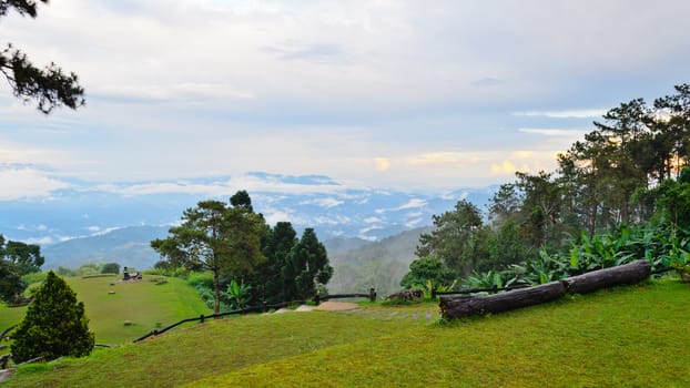 Peak for stunning views of mountains clouds and fog at Huai Nam Dang national park in Chiang Mai province of Thailand
