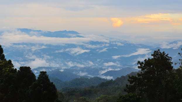 Sunset high mountain range view from viewpoint at Huai Nam Dang national park in Chiang Mai province of Thailand