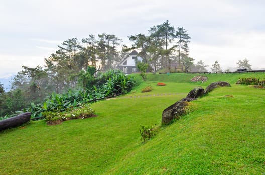 Peak for stunning views of mountains clouds and fog at Huai Nam Dang national park in Chiang Mai province of Thailand