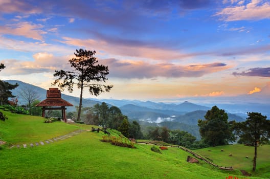 Beautiful sunset on hight mountains at Huai Nam Dang national park in Chiang Mai province of Thailand