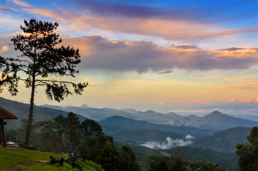 Peak for stunning views of mountains clouds and fog at Huai Nam Dang national park in Chiang Mai province of Thailand
