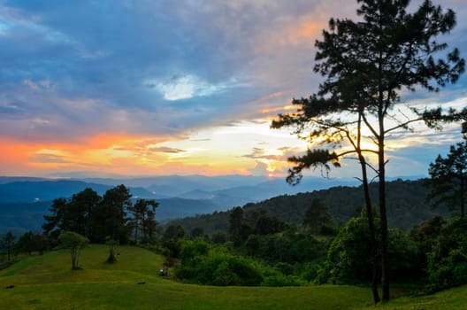 Sunset over high mountain range at viewpoint in Huai Nam Dang national park in Chiang Mai and Mae Hong Son of Thailand