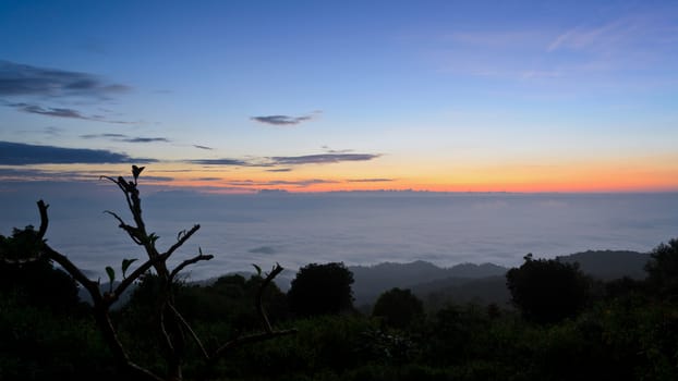 Landscape sea of mist on sunrise view from high mountain at Huai Nam Dang national park in Chiang Mai and Mae Hong Son province, Thailand