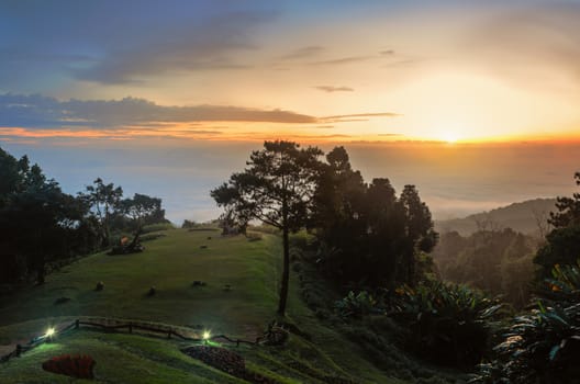 Landscape sea of mist on sunrise view from high mountain at Huai Nam Dang national park in Chiang Mai and Mae Hong Son province, Thailand