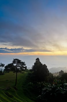Landscape sea of mist on sunrise view from high mountain at Huai Nam Dang national park in Chiang Mai and Mae Hong Son province, Thailand