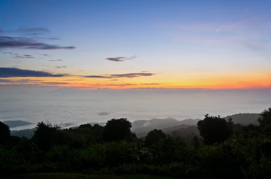 Landscape sea of mist on sunrise view from high mountain at Huai Nam Dang national park in Chiang Mai and Mae Hong Son province, Thailand
