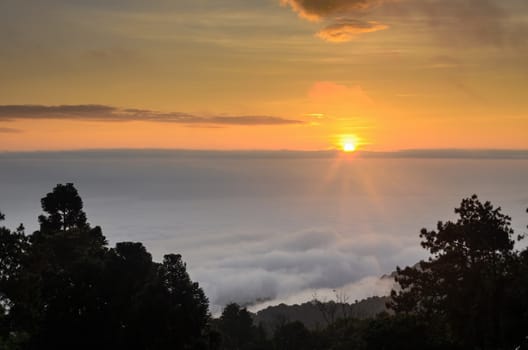 Colorful sunrise above the clouds from high mountain at viewpoint Huai Nam Dang national park in Chiang Mai and Mae Hong Son province of Thailand, 9:16 widescreen