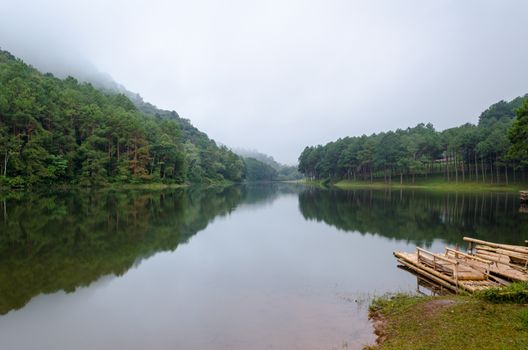 Nature landscape at dawn of lakes and pine forests in Pang Ung national park of Mae Hong Son province, Thailand