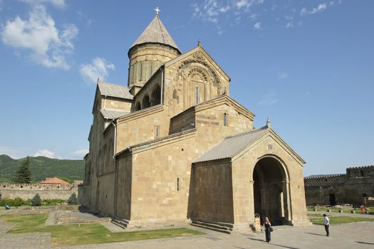 MZCHETA, GEORGIA - JULY 2, 2014: Panorama of Church Sveti Zchoweli on July 2, 2014 in Mzcheta, Georgia, Europe. The building is one of the tallest churches in Georgia.