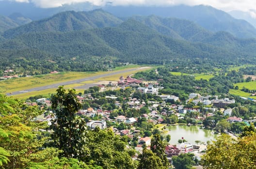 Landscape high angle view of city in the valley at Mae Hong Son province, Thailand